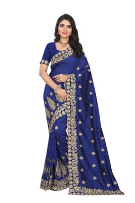 Navy blue embroidered art silk saree with blouse 1