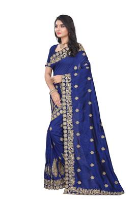 Navy blue embroidered art silk saree with blouse 2