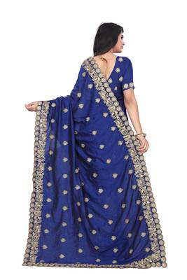 Navy blue embroidered art silk saree with blouse 3