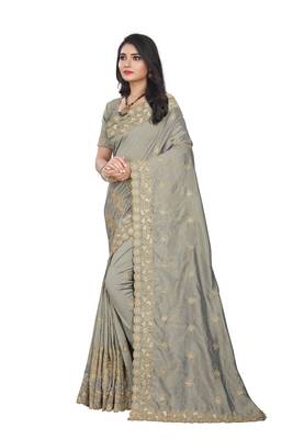 Grey Embroidered Art Silk Saree With Blouse 2