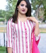 Pink Stylish Women 3 piece Straight loom made Rayon Kurta pallazo set with Heavy Banarsi Duppata