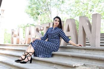 Blue Stylish Women Black A-line Kurti with Checks 1