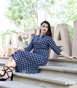 Blue Stylish Women Black A-line Kurti with Checks