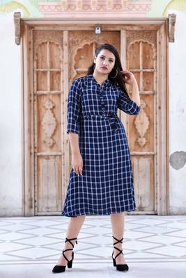 Blue Stylish Women Black A-line Kurti with Checks 5