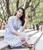 White Stylish Women White A-line Kurti with Checks