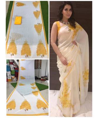 yellow Digital printed georgette partywear Bollywood saree with blouse 1