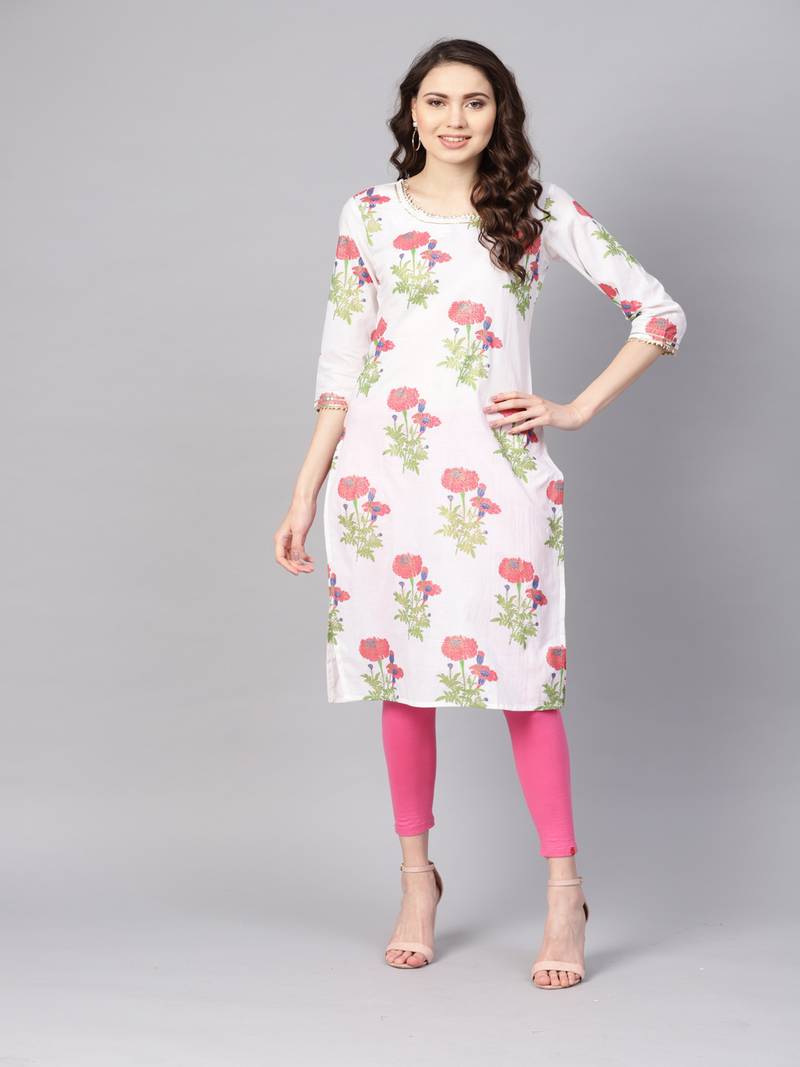 Geroo Jaipur White Hand Block Printed Straight Cotton Kurta