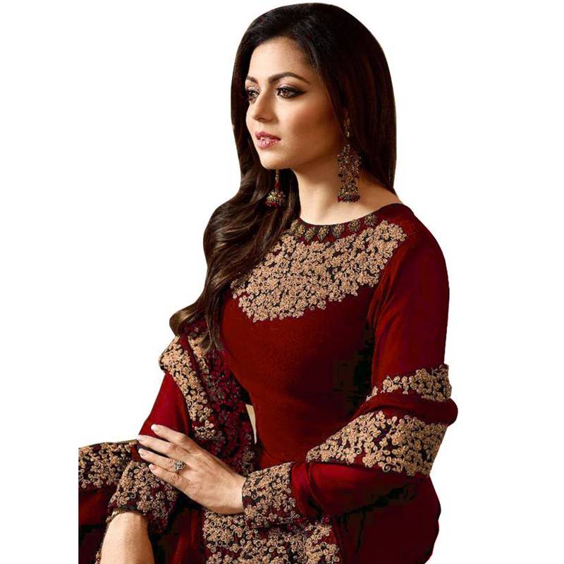 Maroon Embroidered Faux Georgette Semi Stitched Anarkali