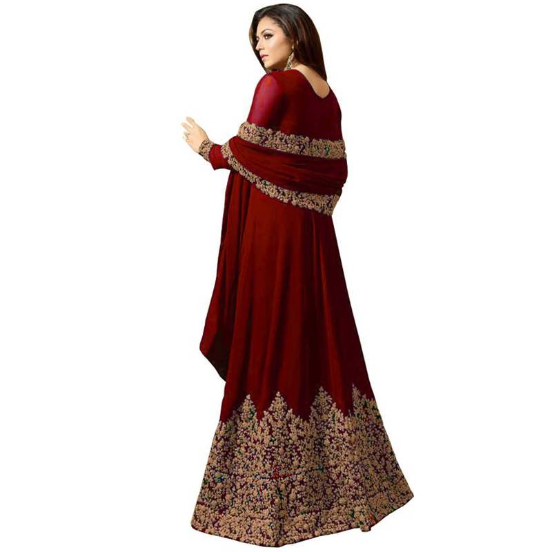 Maroon Embroidered Faux Georgette Semi Stitched Anarkali