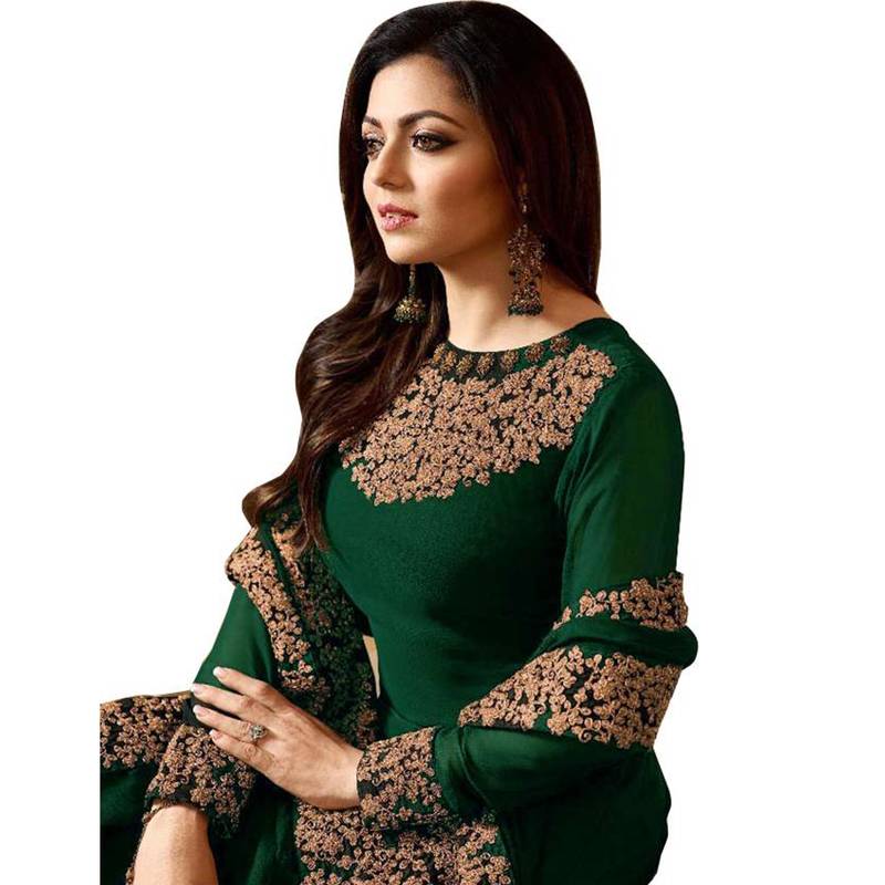 Green Embroidered Faux Georgette Semi Stitched Anarkali