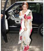 white Digital printed Rangoli Silk partywear Bollywood ruffle saree with blouse