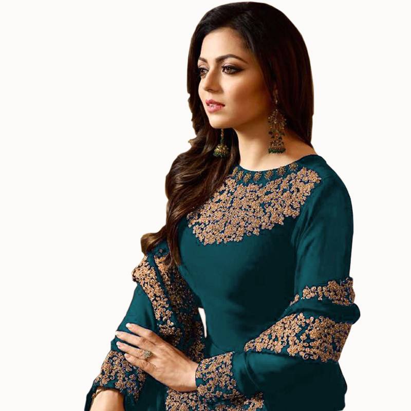 Rama Green Embroidered Faux Georgette Semi Stitched Anarkali