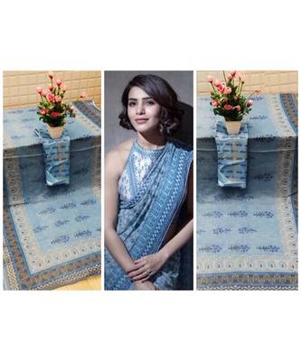 blue Digital printed Linen partywear Bollywood saree with blouse 1