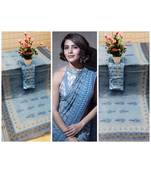 blue Digital printed Linen partywear Bollywood saree with blouse