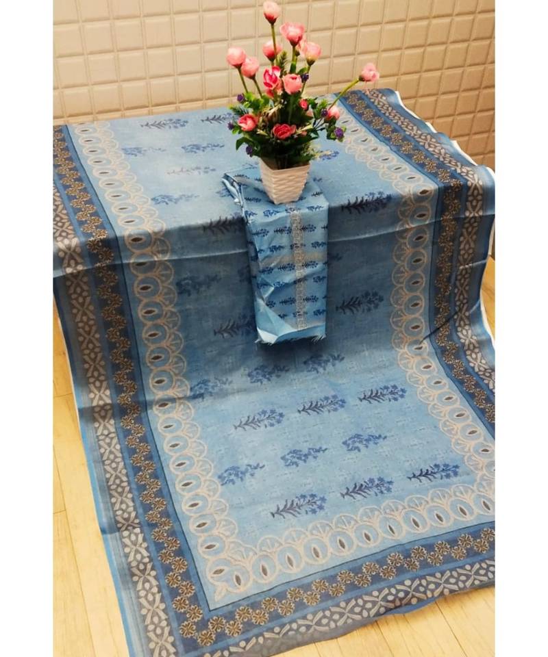 blue Digital printed Linen partywear Bollywood saree with blouse