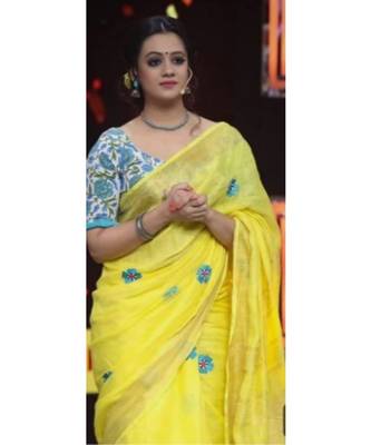 yellow Digital printed Linen partywear Bollywood saree with blouse 2