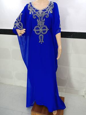 royal blue georgette moroccan islamic dubai kaftan farasha zari and stone work  1