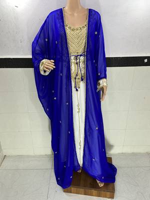 royal blue and white georgette moroccan islamic dubai kaftan farasha zari and stone work two piese dress 1