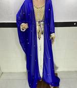 royal blue and white georgette moroccan islamic dubai kaftan farasha zari and stone work two piese dress