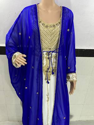 royal blue and white georgette moroccan islamic dubai kaftan farasha zari and stone work two piese dress 2