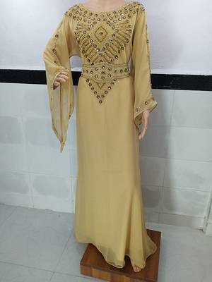 beige georgette moroccan islamic dubai kaftan farasha zari and stone work dress 1