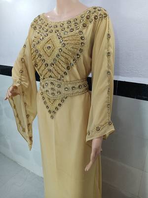 beige georgette moroccan islamic dubai kaftan farasha zari and stone work dress 2