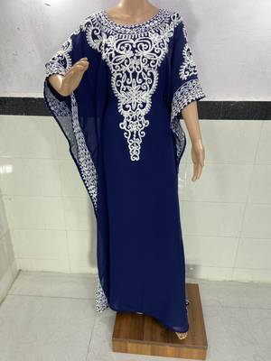 navy blue georgette moroccan islamic dubai kaftan farasha aari and stone work dress 1