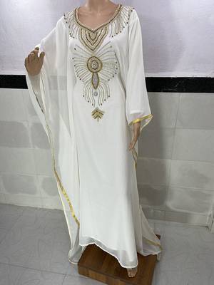 white georgette moroccan islamic dubai kaftan farasha zari and stone work dress 1