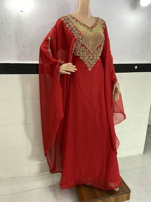 red georgette moroccan islamic dubai kaftan farasha zari and stone work dress 1