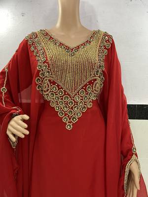 red georgette moroccan islamic dubai kaftan farasha zari and stone work dress 2