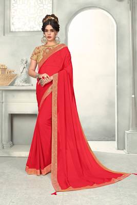 Red Poly Silk Jaqcard Border Designer saree with blouse 1