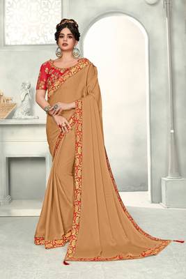 Brown Poly Silk Jaqcard Border Designer saree with blouse 1