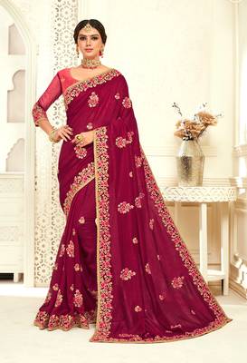 Burgundy Poly Silk Embroidered Designer saree with blouse 1