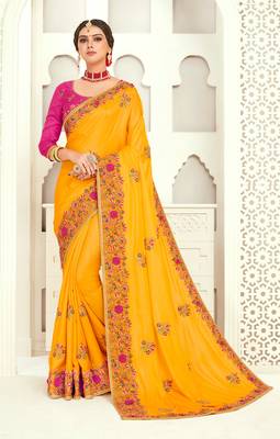 Yellow Poly Silk Embroidered Designer saree with blouse 1