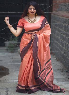 Coral woven cotton saree with blouse 1