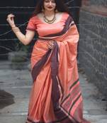 Coral woven cotton saree with blouse