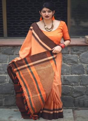 Coral woven cotton saree with blouse 2