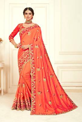 Peach Poly Silk Embroidered Designer saree with blouse 1