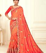 Peach Poly Silk Embroidered Designer saree with blouse