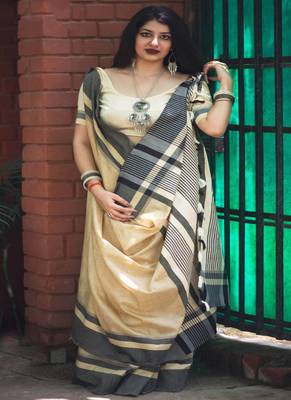 Beige woven cotton saree with blouse 1