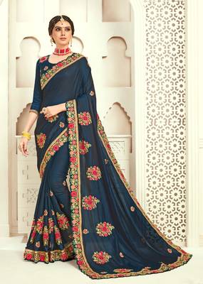 Navy Blue Poly Silk Embroidered Designer saree with blouse 1