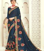 Navy Blue Poly Silk Embroidered Designer saree with blouse