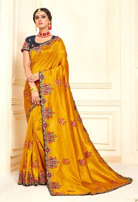 Mustard Poly Silk Embroidered Designer saree with blouse 1
