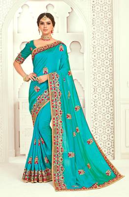 Blue Poly Silk Embroidered Designer saree with blouse 1