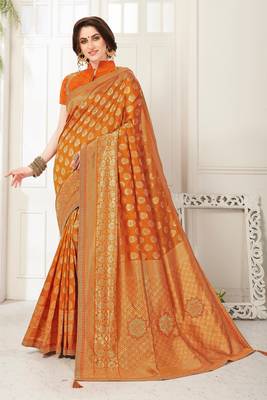 Orange Banarasi Silk Jaqcard Work Heavy Work Designer saree with blouse 1