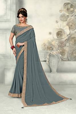 Grey Poly Silk Jaqcard Border Designer saree with blouse 1