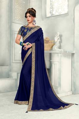 Blue Poly Silk Jaqcard Border Designer saree with blouse 1