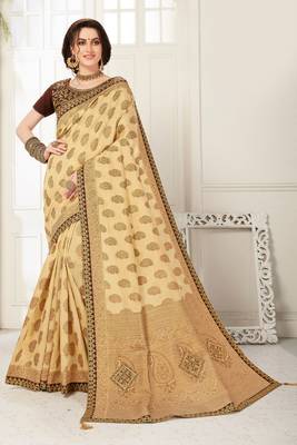 Beige Banarasi Silk Jaqcard Work Heavy Work Designer saree with blouse 1