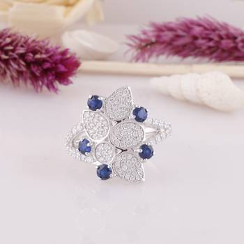 Blue Cubic Zirconia Rhodium Plated Women Cocktail Ring 4
