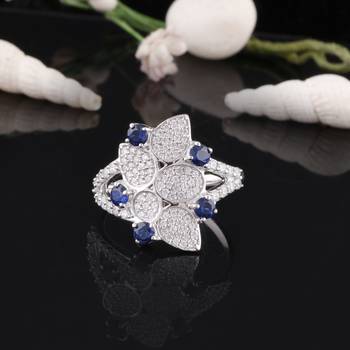 Blue Cubic Zirconia Rhodium Plated Women Cocktail Ring 5
